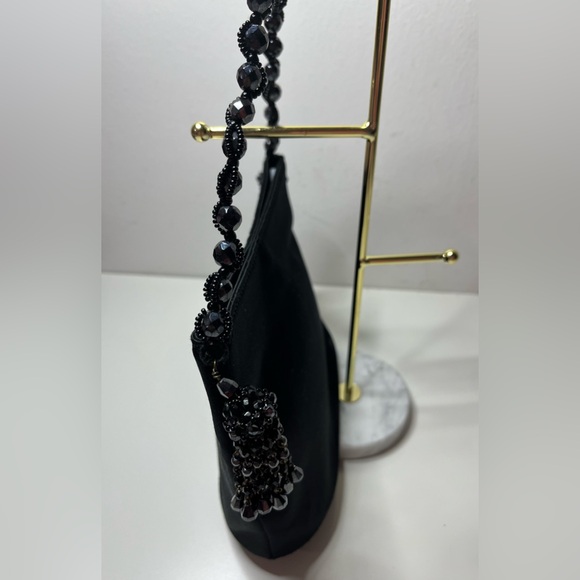 Anya Hindmarch Black Satin Beaded Mini Shoulder Bag Tassel Evening Y2K England - Picture 7 of 12